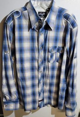 Camisa Fender Adulto XL Blanca Azul Abotonada Algodón A Cuadros Manga Larga Para Hombre Foto 1 de 2