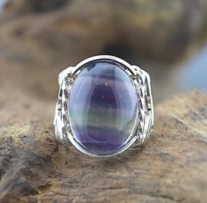 Sterling Silver Rainbow Fluorite Cabochon Wire Wrapped Ring - Picture 1 of 7
