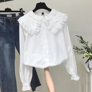 Women Retro Lolita Lace Blouse Shirt Peter Pan Collar Loose Top Ruffle Frill - Picture 1 of 15