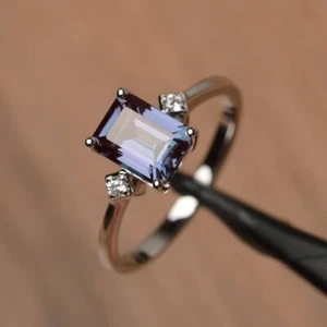 Emerald Cut Alexandrite Promise Ring Silver Rectangle Color Changing Gemstone - Picture 1 of 4