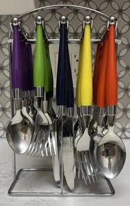 Cubiertos modernos de acero inoxidable acampanados Mid Century con soporte multicolor 40 piezas - Imagen 1 de 7