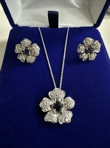 Estate 14k White Gold Flower Sapphire Diamond Pendant & Earrings 8.8grams - Picture 1 of 8