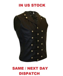 Men Black Leather Waistcoat Vest Victorian Corset Steel Boned GOTH Military - Picture 1 of 4