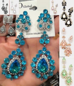 Long Crystal Rhinestone Chandelier Teardrop Wedding Earrings Dangle Pierced - Picture 1 of 6