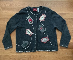 Cardigan Embroidered Wool Blend Gray Sweater Grandma Rabbit Hair Cottage XL - Picture 1 of 18