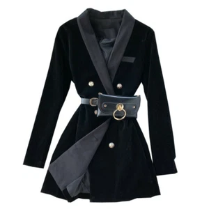 Lady Mini Dress Suit Velvet Coat Top Punk Gothic with Belt V-neck Black Classic - Bild 1 von 9