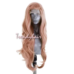 Parrucca frontale rosa pesca riccioli lunghi capelli ondulati premium pizzo sintetico capelli alla moda - Foto 1 di 4