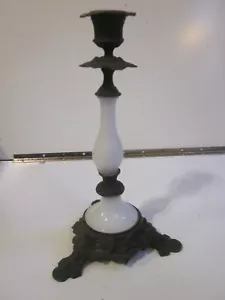 ANTIQUE BLACKENED BRONZE/BRASS OPALINE GLASS TALL CANDLESTICK MARKED CB 02 11.5" - Picture 1 of 6