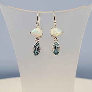 Opal Topaz Drop-Earrings, White Fire Opal, Blue Topaz, Semi Precious Gemstones, - Picture 1 of 4