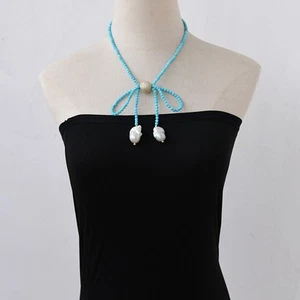 18" Blue Faceted Turquoise Cz Ball Chokers Necklace White Baroque Pearl Pendant - Picture 1 of 16