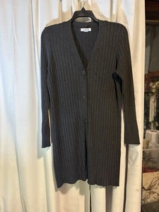 Maglione cardigan donna Liz Claiborne grigio taglia Med lungo con bottoni a costine - Foto 1 di 7