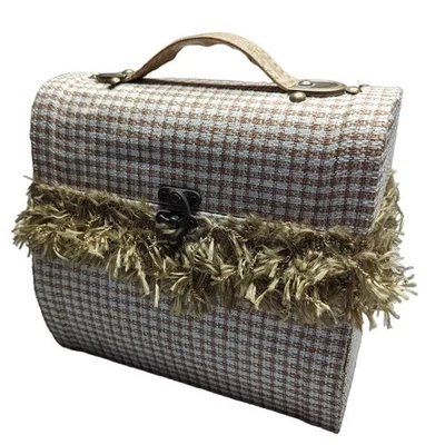 Винтажный 1960-х MCM слоновой кости твид ткани покрытый бахрома верхняя ручка защелка деревянная коробка сумка - Изображение 1 из 4