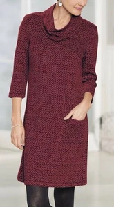 North Style Herringbone Knit Pocket Dress X-Large Burgundy Black Cowlneck 3/4 Sl - Picture 1 of 2
