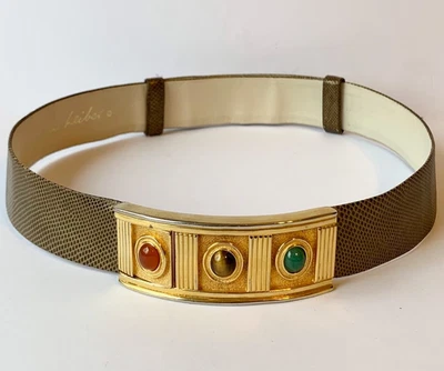 JUDITH LEIBER Vintage Brown snakeskin & Cabochon Jewels Gold Slider Belt M - Image 1 of 4