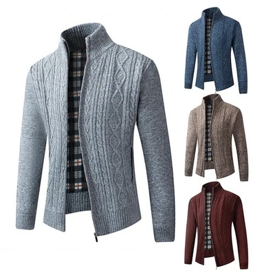 Mens Zip Up Thick Fleece Lined Cable Knit Cardigan Winter Knitted Warm Jacket - Image 1 of 4