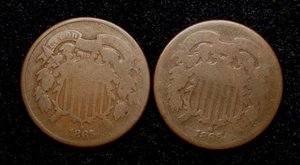 2 LOW GRADE 1865 TWO CENT PIECES OLD U.S. TYPE COIN - Picture 1 of 2