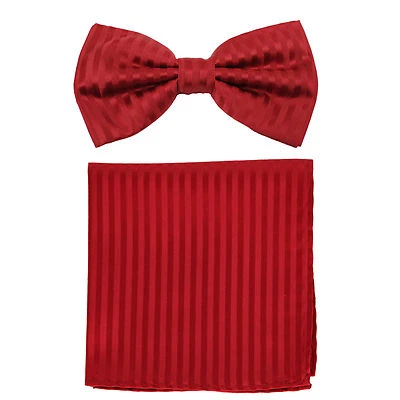 New formal men's pre tied Bow tie & Pocket Square Hankie Set stripes Red prom - Image 1 of 4