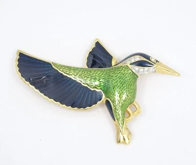 Broche colibrí vintage esmaltado y diamantes de imitación detallado con joyas ~ 2,5"  Foto 1 de 4