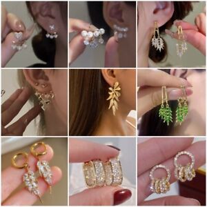 Elegant 18k Gold Stud Earrings Ear Drop Women Cubic Zirconia Wedding Jewelry
