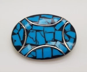 VINTAGE STERLING SILVER BLUE TURQUOISE & BLACK ONYX BROOCH PIN SIGNED MEXICO CII - Picture 1 of 16