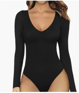 Mangopop Women's Bodysuit Black Size S Long Sleeve V-neck Front Twist Casual Top - Picture 1 of 4