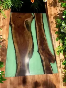36"x24" Green Epoxy Resin Center Dining Table Acacia Wooden Live Edge Home Deco - Picture 1 of 10