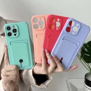 Card Slot Silicone Soft Case For iPhone 15 14 13 12 11 Pro Max X XR 8 7 SE Cover - Picture 1 of 21