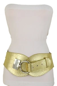 Women Hook Buckle Gold Color Faux Leather High Waist Hip Elastic Belt Size S M - Picture 1 of 12