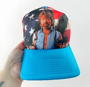Chuck Norris Trucker Hat Mens One Size Red Blue American Flag Graphic USA 80s - Picture 1 of 7