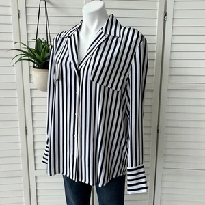 NWOT FRAME Black White Silk Striped Long Sleeve Button Up Shirt Top Size L - Picture 1 of 12