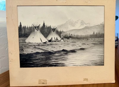 Camiseta vintage nativa americana índios Kiowa fogueira borda de água corvo branco IMPRESSÃO - Imagem 1 de 4