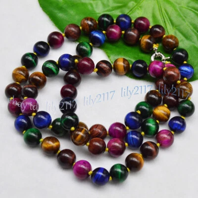 Charm 6/8/10/12mm Multi-Color Tiger's Eye Round Gemstone Beads Necklace 18-48'' - Image 1 of 4