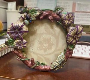 Floral/Butterfly crystal Round Elaborate Design Enamel Picture Frame 3.5 Photo - Picture 1 of 6