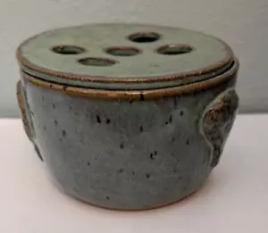 Vintage 5" Flower Frog Vase Signed Willis Beller 1985 Green 5 hole brown accents - Picture 1 of 13