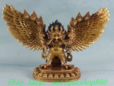 Estatua de Buda Pájaro Garuda Alado Oro 24K Bronce Púrpura Tíbet Antiguo 7,8"" Foto 1 de 4