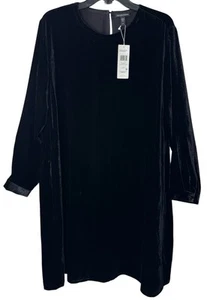 EILEEN FISHER LARGE L BLACK VELVET CREW NECK KNEE LENGTH DRESS $348 - Picture 1 of 13