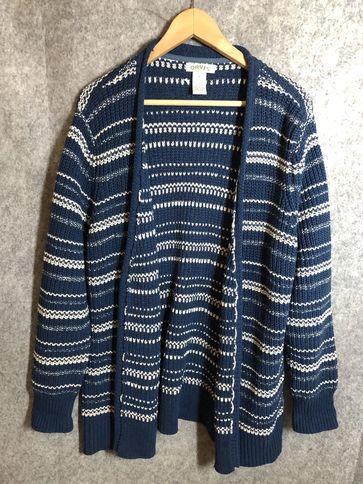 Suéter Orvis Para Mujer XL Azul Marino Frente Abierto Cárdigan Tejido Lino Mezcla Lana Rayas Foto 1 de 4