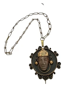 Vintage Mexico Aztec Face Pendant Necklace Tribal Inca Style Copper Brass 60’s - Picture 1 of 11