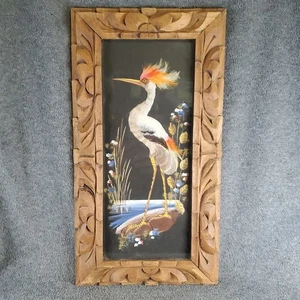 Vintage handgeschnitzte gerahmte Vogelkunst echte Federn Federkunst Mexiko Volkskunst 9×17 - Bild 1 von 14