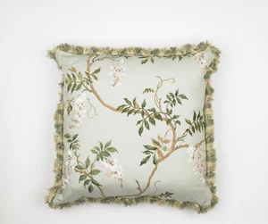 Colefax & Fowler Floral Embroidered Duck Egg Linen Cushion 55 x 55cm - Picture 1 of 2