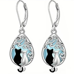 A Swirl Top W/ Cats Next To Each Other W/ Blue Background, Alloy Drop Earrings - Picture 1 of 5