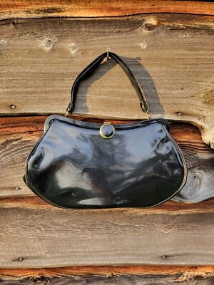 VTG MCM Big Shiny Black Vinyl  Purse W/ Red Lining & Matching Coin Purse - Image 1 of 4