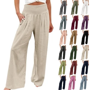 Women Cotton Linen Palazzo Pants Loose High Waist Wide Leg Comfy Casual Trousers - Picture 1 of 64