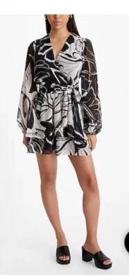 Express белый/черный длинным рукавом v-образным вырезом галстук талии платье размер L новый с Ярлыками Бесплатная доставка - Изображение 1 из 4