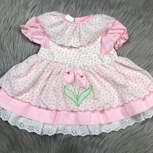 Vintage Mayfair Baby Girls Pink White Floral Tulip Lace Ruffle Pinafore Dress - Picture 1 of 11