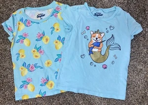 Girls OshKosh 2 Blue T-shirts Lemon Floral and Corgi Dog Mermaid w/ Narwhal 4T - Picture 1 of 7