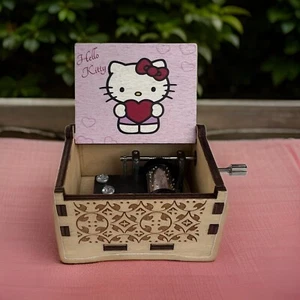 New “Hello Kitty” Handmade Hand Crank Mini Wooden Music Box - Picture 1 of 4