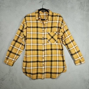 Ambiance Autumn Yellow White Black Plaid Fall Flannel Long Roll Tab Sleeve Sz M - Foto 1 di 14