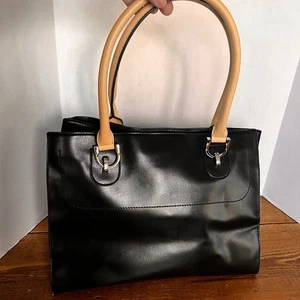 "Bolso de Mano London Fog Negro y Tostado Cuero Sintético Cartera Bolso de Hombro Grande 14x11x7""" - Imagen 1 de 10