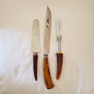 BUTTERSCOTCH BAKELIT Griffe Unübertroffen Set Messer Gabel & Wellenschliff Vintage 3 Stück  - Bild 1 von 14